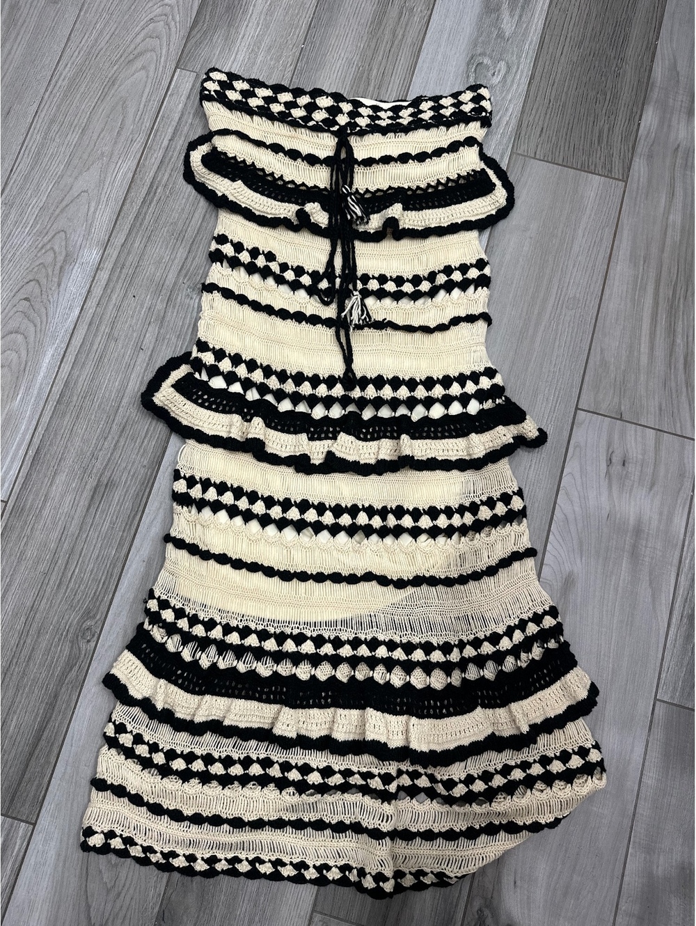 Fate Large Black and Cream Crochet Knit Dress